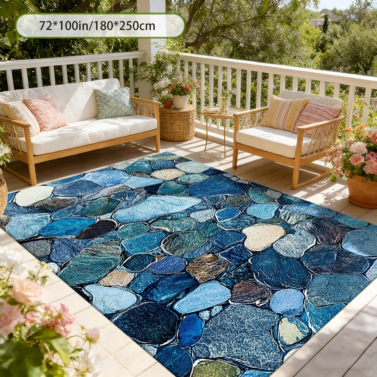 Mediterranean Blue Cobblestone Print Outdoor Decor Rug, Foldable Portable Non‑Slip Floor Mat for Patio, Garden, Poolside, Beach