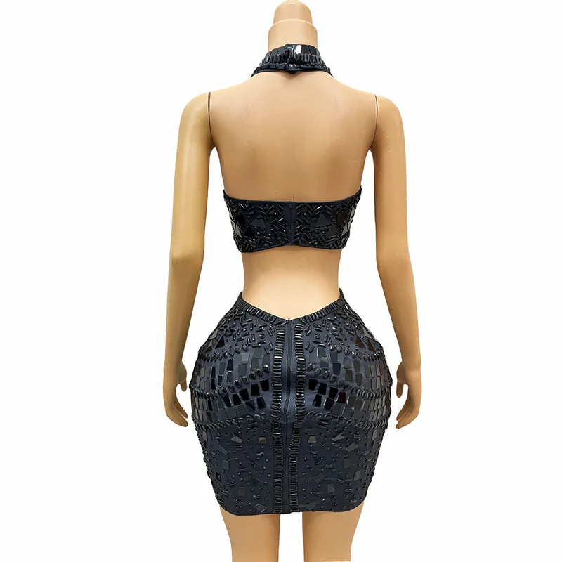 Black diamond suit, sexy neck-wrapped short skirt, temperament waist, sleeveless stage performance dress, one piece is sent on