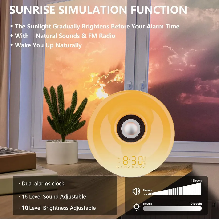 USB LED Wake Up Nightlight Children Mood Light with Simulation Dual Alarm FM Radio Sunrise/Sunset Lamp Home Decor Valentine Gift