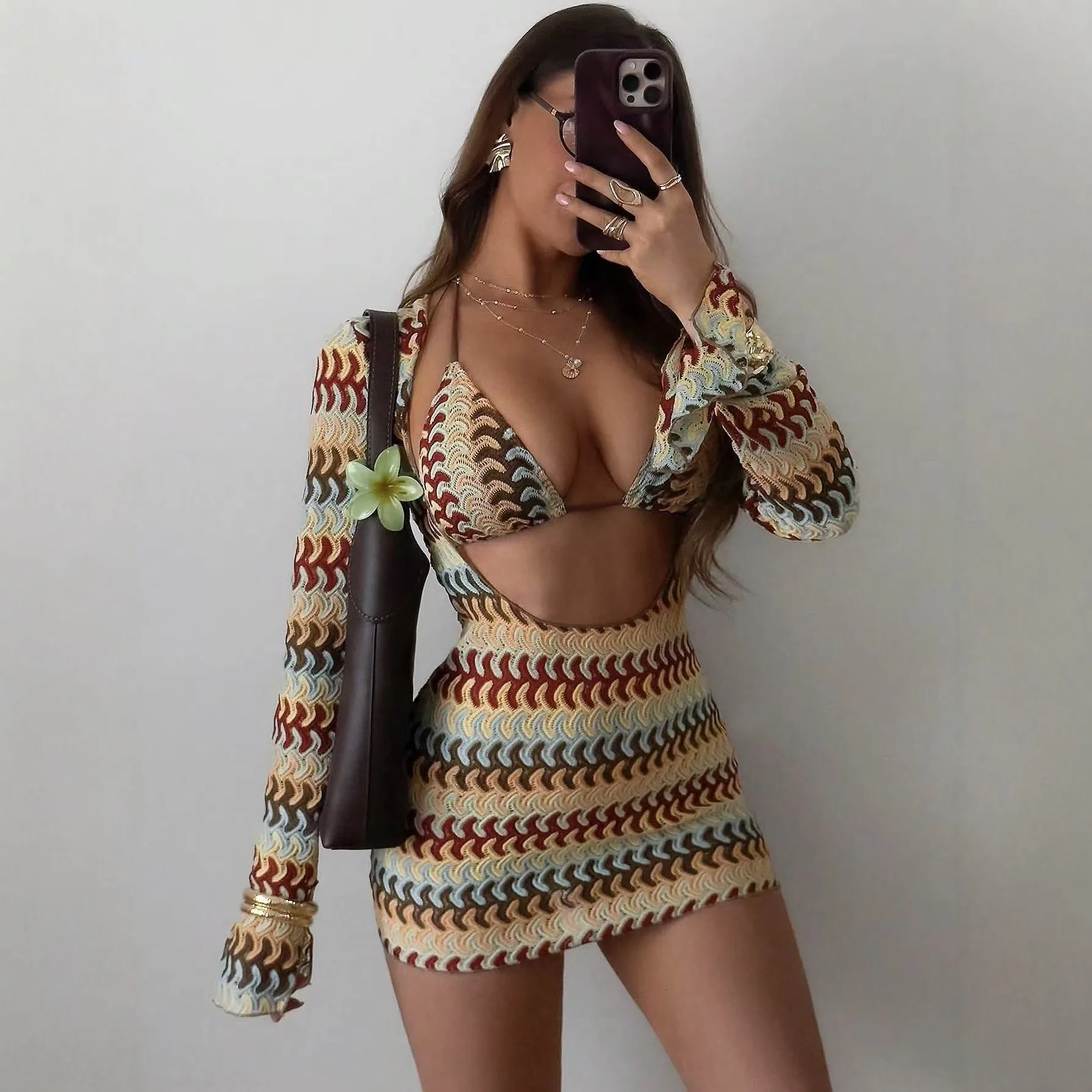 With Long Sleeve Cover Up Printed Bikini Women Swimwear Female Swimsuit Three-Pieces Bikini Set Bather Bathing Suit Swim