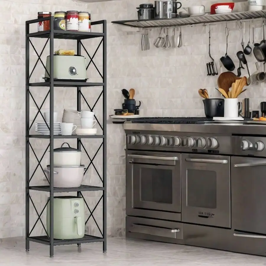 5-Tier Metal Storage Rack, Shelving Unit With X Side Frames, Dense Mesh, 12.6 X 15.7 X 57.3 Inches, For Entryway, Kitchen, Livin