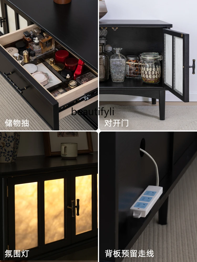 C06 Suying TV Cabinet French Vintage Solid Wood Black High-End Floor-Standing Living Room Long TV Cabinet