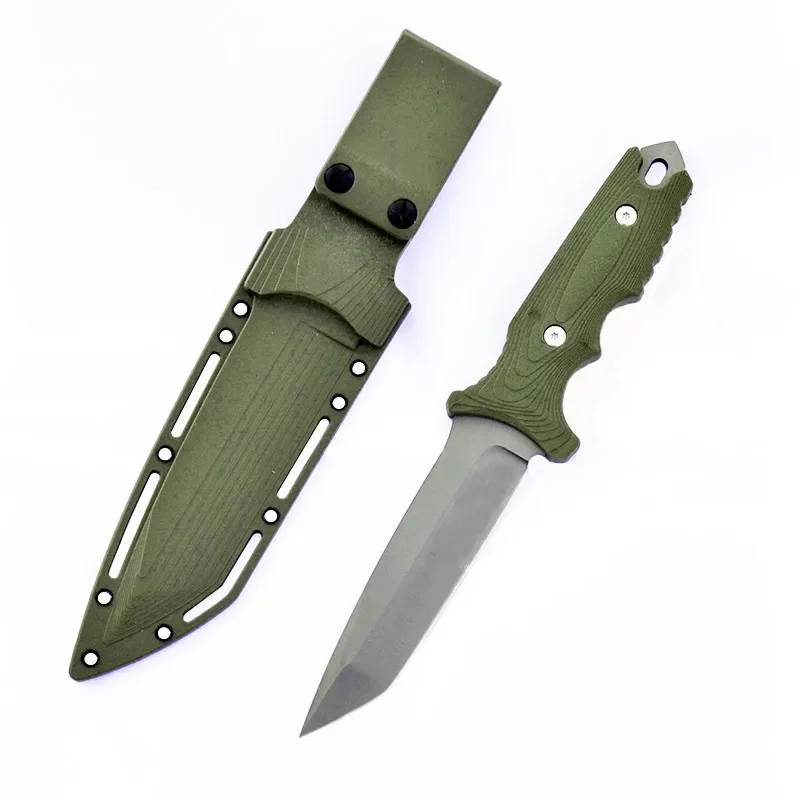 Tactical Hunting Knife Tanto Blade Rubber Handle with Tail Hammer Rescue Survival Knife Bushcraft Camping EDC Tool, ABS Sheath