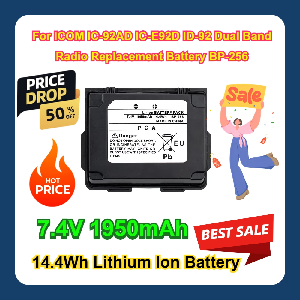 

7.4V 1950mAh 14.4Wh Lithium Ion Battery For ICOM IC-92AD IC-E92D ID-92 Dual Band Radio Replacement Battery BP-256