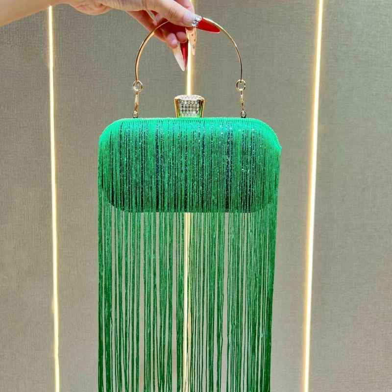 Fashion Fringe Handbag for Women Elegant Sparkling Evening Clutch with Long Tassel Shoulder Party Dress Bag Ladies Purse