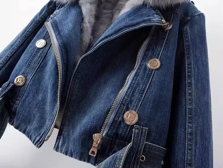 2026 Autumn Winter New Detachable Faux Fox Fur Rabbit Fur Inner Lining Denim Jacket Women's Short Top Female Warm Parker Outwear