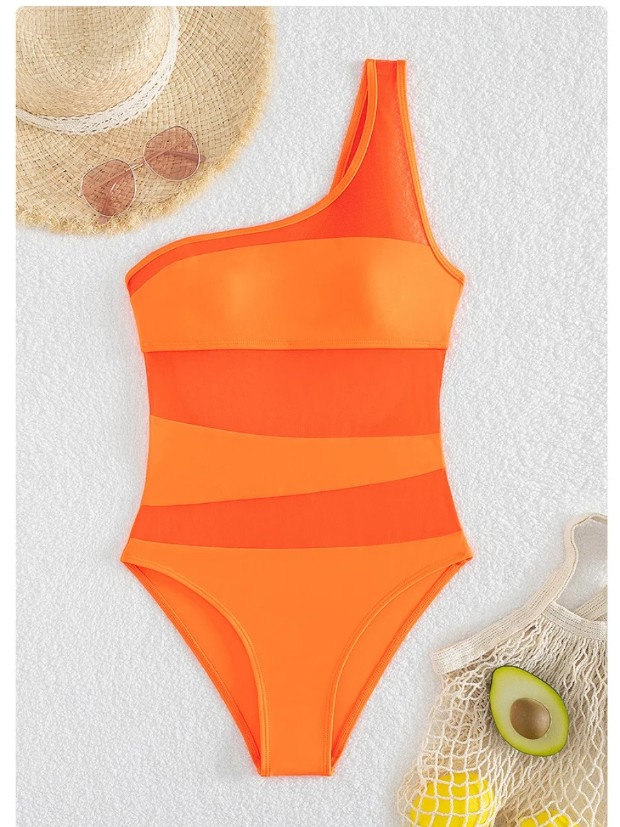 Women\'s One-piece Bikini Sets Orange Cut-out Swimwear One Shoulder Mesh Bathing Suit Woman Backless Swimsuit Beach Bodysuit