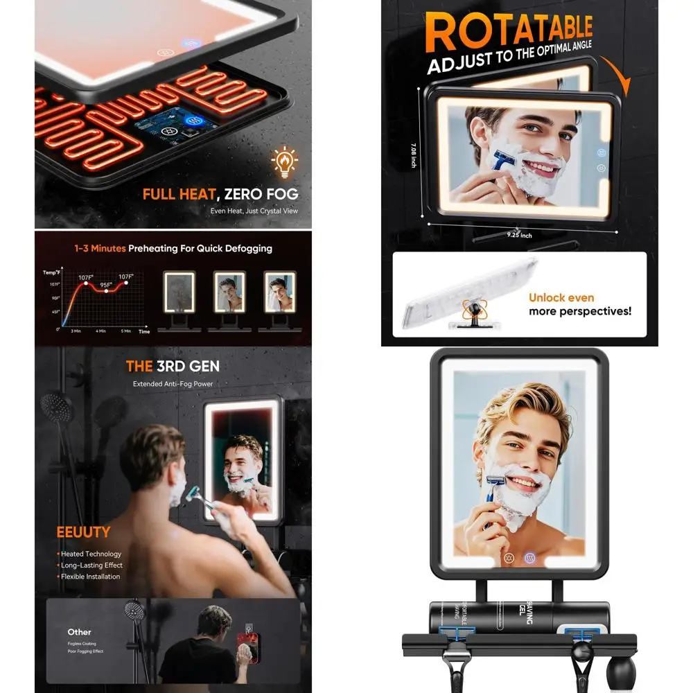 Specchio doccia antiappannamento con 3 luci colorate, porta rasoio e attenuazione continua per 2025, nessuna foratura richiesta, rimovibile - Nero