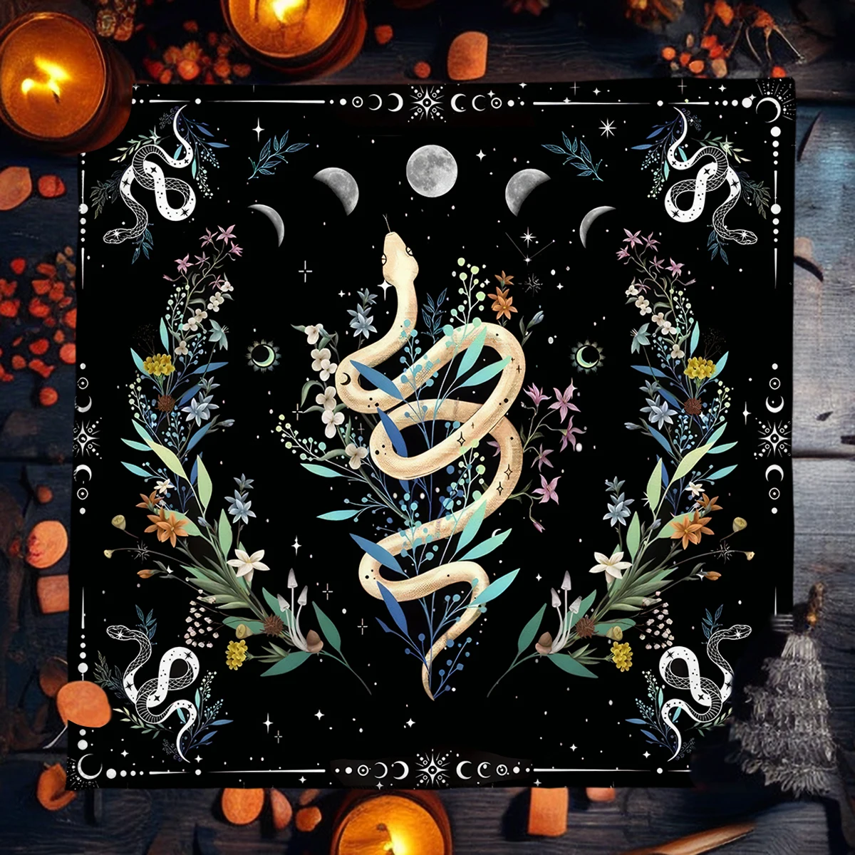 Divination Tarot Card Table Cloth Altar Cloth Moon Phase Flowers and Plants Snake Table Cloth For Tarot Witchy Home Decor Card P