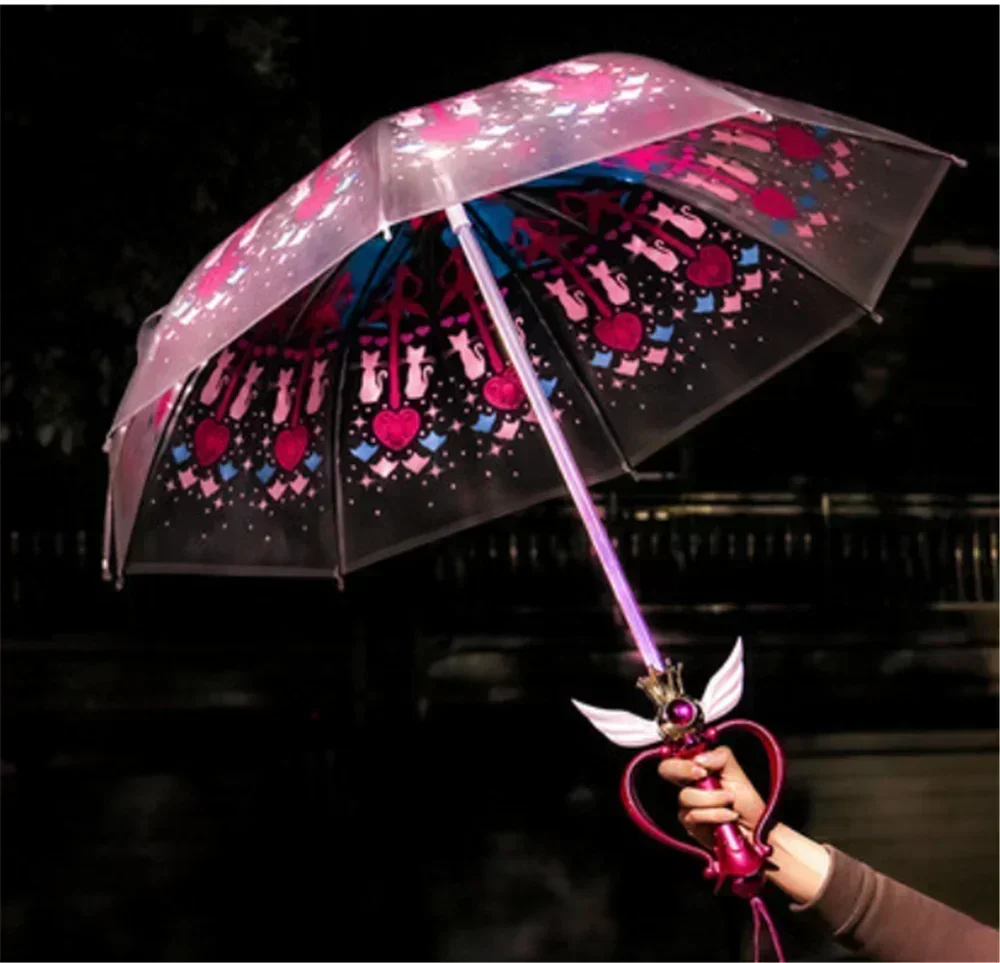 Tricolor Light Fairy Stick Umbrella Rain Gear Transparent Sailor Umbrella Women's and Girls' Children's Gift