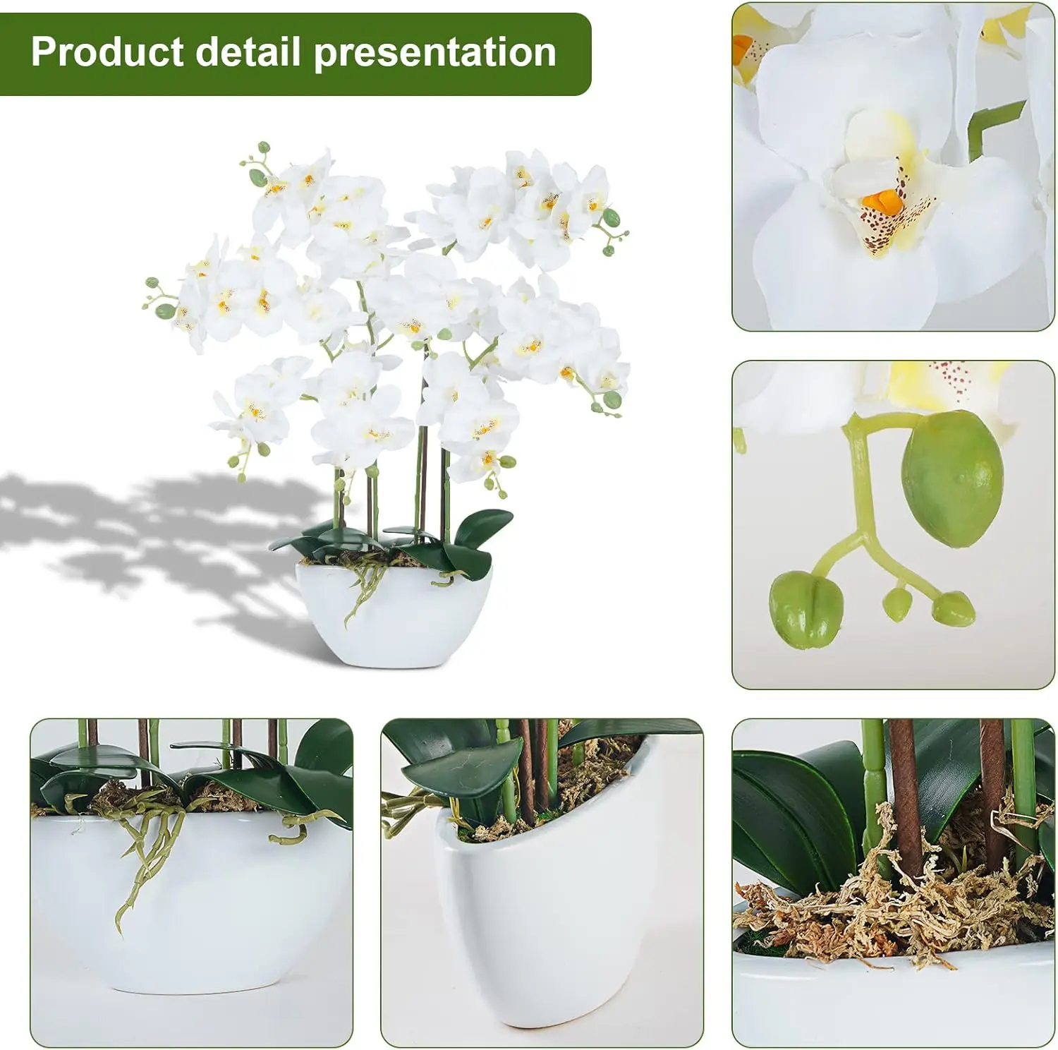 Artificial Orchid Flowers & Plants Potted in Ceramic Pot, White Faux Phalaenopsis Orchids for Table Centerpiece