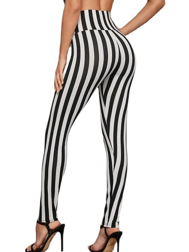 Black White Striped Printed Leggings Sexy Women Fashion High Waist Elastic Gym Workout Pencil Pants Fitness Jeggings