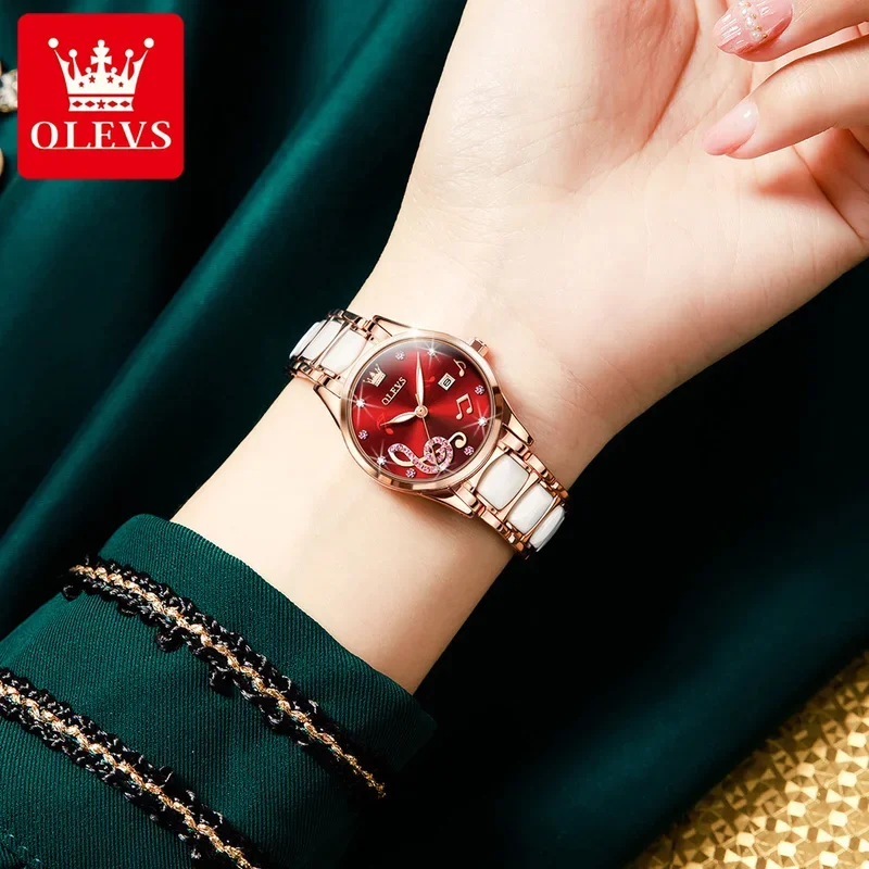 OLEVS 3605 Ceramic Strap Japan Quartz Women Wristwatch, Ceramics Luxury Fashion Waterproof Watch Women Luminous Calendar