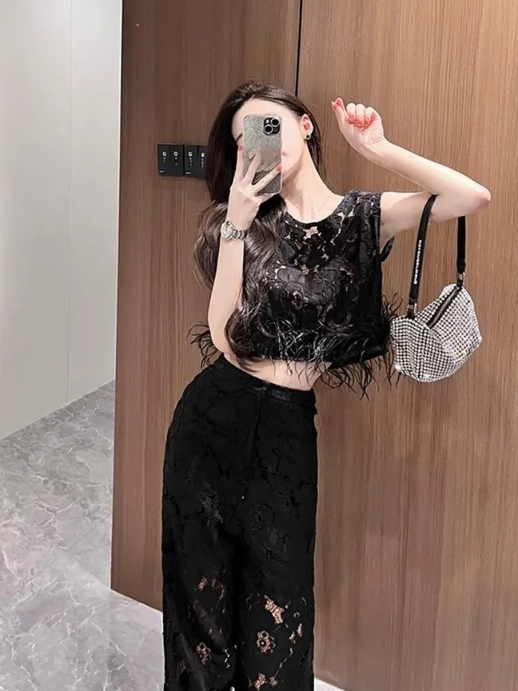 Office Ladies Hollow Out Flower Lace Sleeveless Cropped top High Waist Wide Leg Pants Two Piece Set Elegant Summer Women Sets