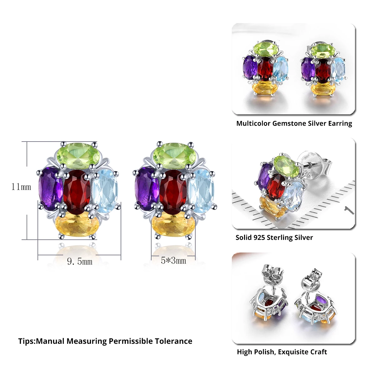 Natural Multicolor Gemstone Stud Earring Sterling Silver 2.5 Carats Genuien Amethyst Topaz Garnet Romantic Style Birthday Gifts