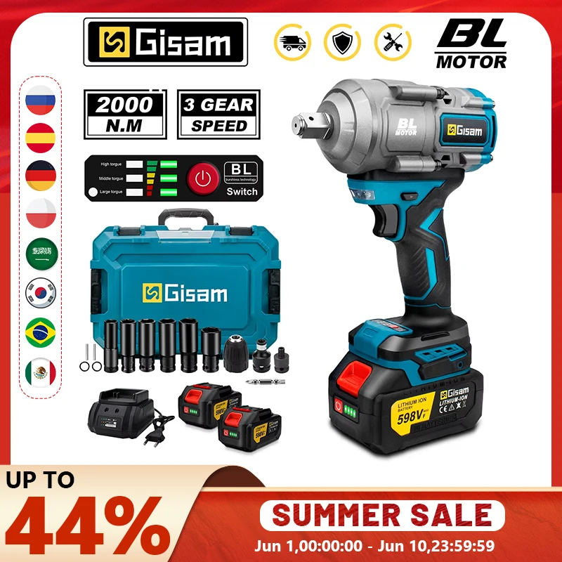 Gisam 2000N.M Torque Brushless Electric Impact Wrench 1/2 inch Screwdriver Cordless Wrench Power Tool For Makita 18V Battery Pin