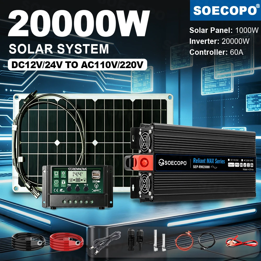 Easy Install Solar Power System Kit(20000W Peak) MPPT Controller 1000W Solar Panel Inverter DC12V/24V AC110V/220V Mobile Office