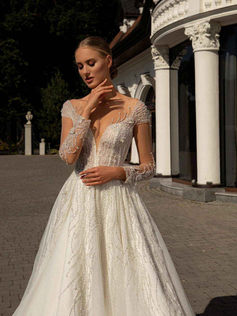 Vestido De novia clásico De manga larga con cuello redondo, traje De novia con cuentas De lentejuelas brillantes, Vintage, línea A, 2024