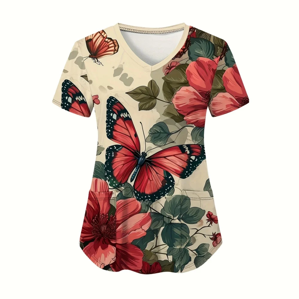 Women's Medical Uniforms Comforts V-Neck Floral Butterfly Print Scrub Tops Summer Short Sleeves Health Clinical Uniforms Woman