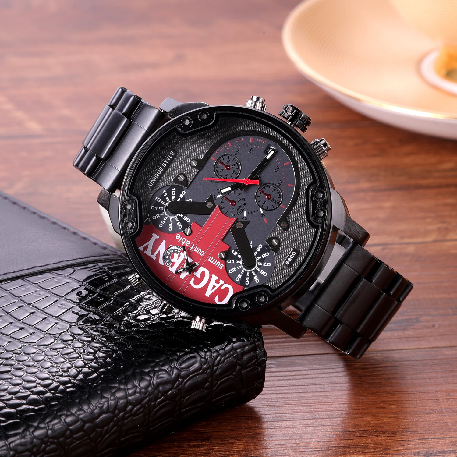 CAGARNY Brand 6820 Man\'s Large dial Casual Fashion Quartz Wrist watch Waterproof dual time zone Stainless Steel Watches for Men