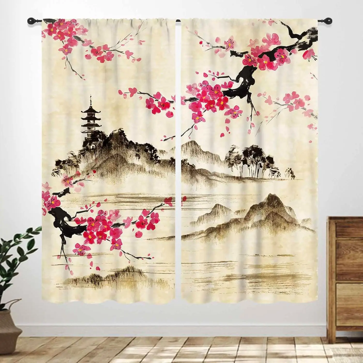 Asian Curtains for Bedroom,Japanese Traditional Ink Painting Nature Landscape Mountains Cherry Blossoms Floral Oriental Window
