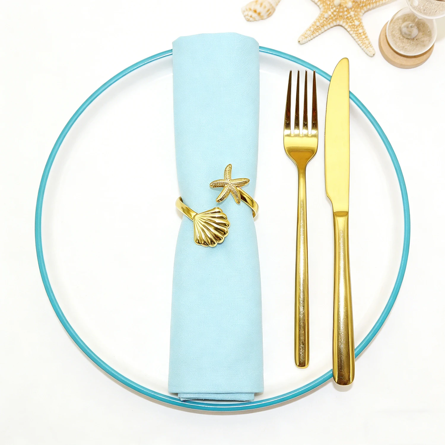 8/10Pcs Dvianna Starfish & Shell Napkin Rings, Gold Metal Napkin Holders for Beach Nautical Table Decor