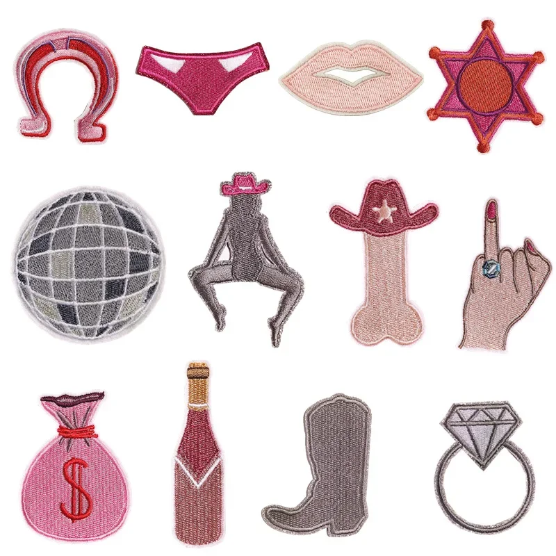 2piece Wine Bottle Shoes Diamond Ring Mouth Hand Earth Money Bag Earphone Sticker Iron On Lady Girl Pacthes DIY Badge Embroidery