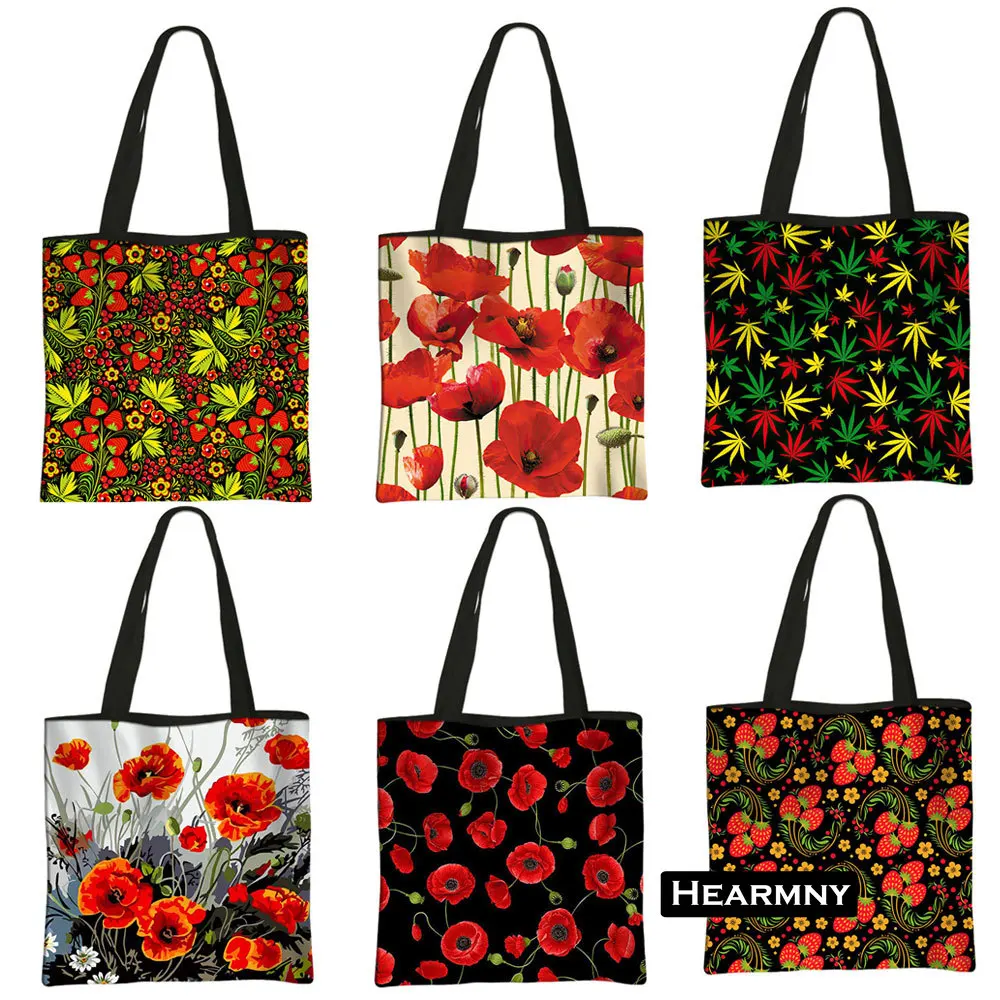 Beautiful Red Poppy Flower Print Shoulder Bag Women Casual Totes Linen Handbag Larger Capacity Beach Shopping Bags Gift