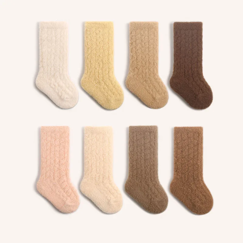 2024 Autumn Winter Newborn Baby Socks Kids Fleece Mid Tube Socks Solid Color Thickened Infant Toddler Boys Girls Warm Socks