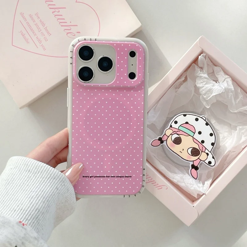 Korean Candy Color Polka Dots Magnetic Phone Case For iPhone 17 Pro 16 15 Pro Max Cover with Stand Shockproof Cases For Girls Fu