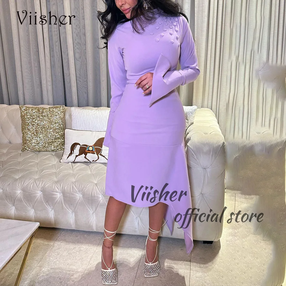 

Viisher Lavender Satin Mermaid Evening Dresses Long Sleeve Arabic Dubai Formal Prom Dress Tea Length Evening Party Gowns