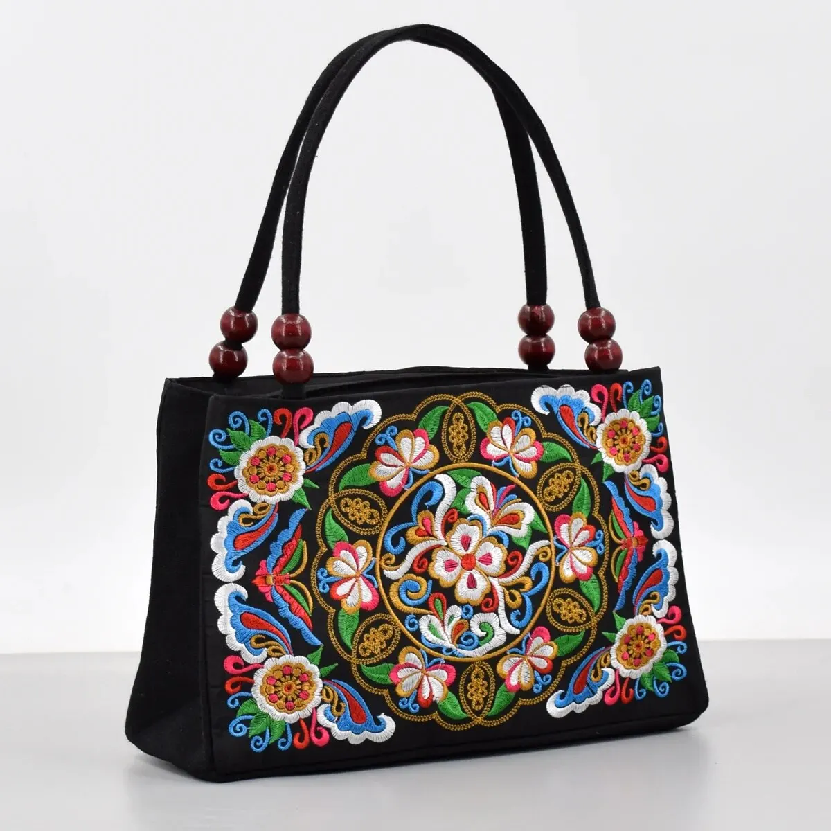 Stylish Floral Embroidered Handbag, Trendy Zipper Canvas Bag, Women\'s Fashion Purses