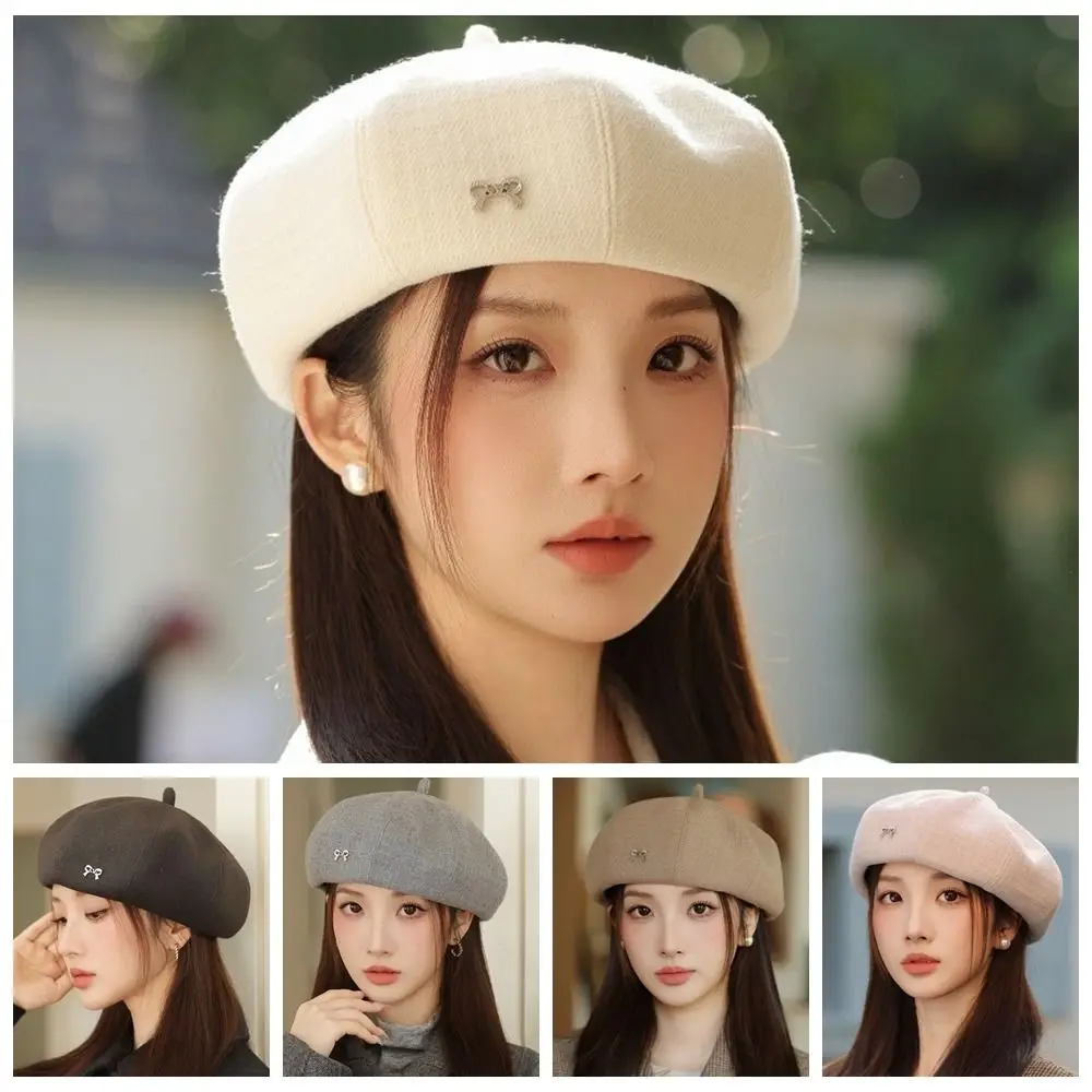 

Versatile Bow Women Berets Keep Warm Elastic Painter Caps Korean Style Solid Color British Beanie Hat Winter