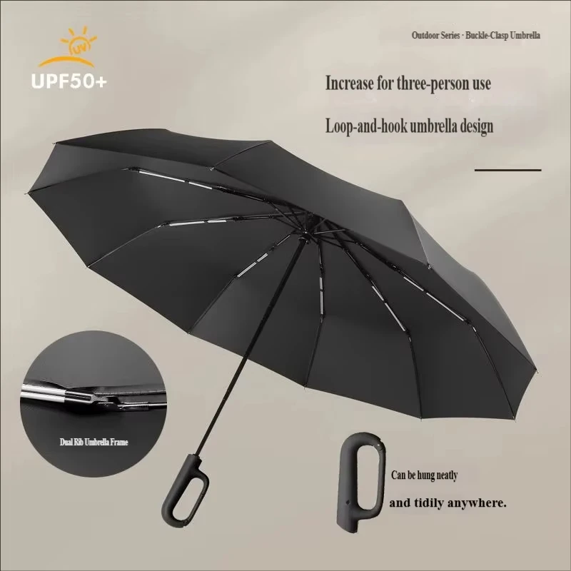 Large Automatic Ring Buckle Folding Umbrella Business Custom Black Glue Windproof Sun & Rain Dual-Use