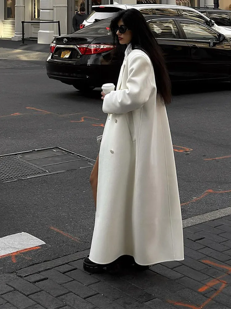 Fashion Oversize Lapel Extra Long Woolen Overcoat Women\'s Double Breasted Solid Cropped Overgarment 2024 Lady Commute Streetwear