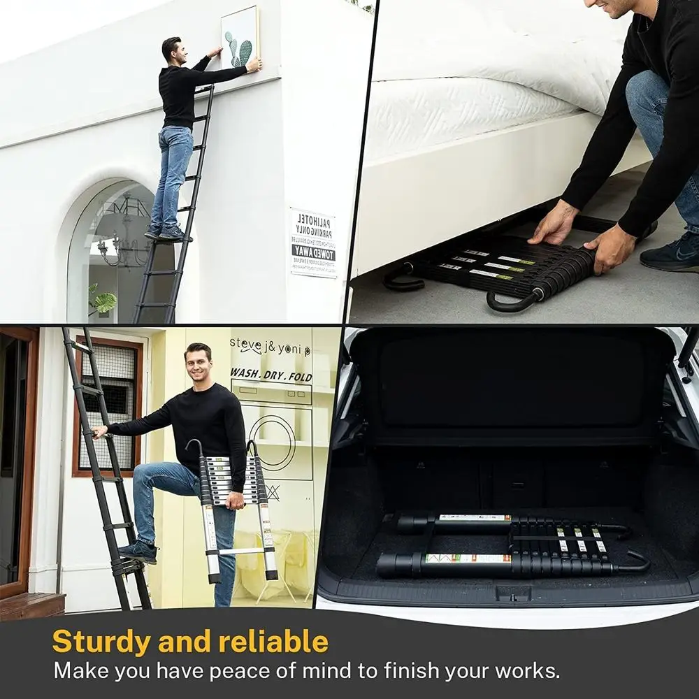 6.5フィートのアルミニウム伸縮はしご、滑り止め付きの足と安定したフック付き、家庭用および屋外作業用のポータブル延長はしご