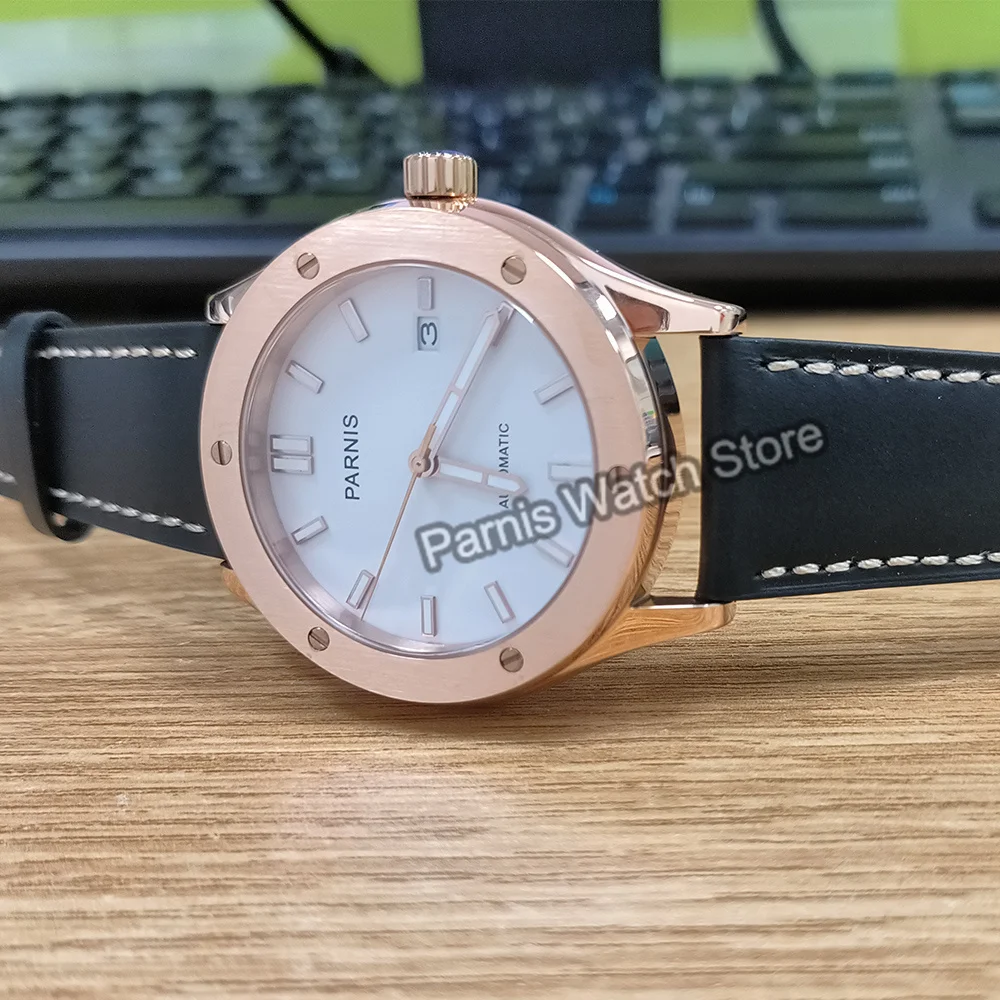 Мужские повседневные часы Parnis с сапфировым стеклом, 44 мм, японский NH35, с автоматическим механизмом, 5 атм, водонепроницаемый черный циферблат, корпус из розового золота