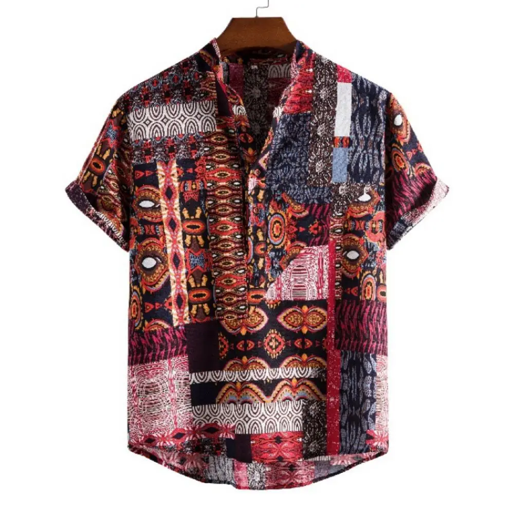 Vintage Men\'s Shirts Ethnic Style Printing Lattice Casual Streetwear Stand Collar Short Sleeve Loose Hawaiian Shirt Mens Summer