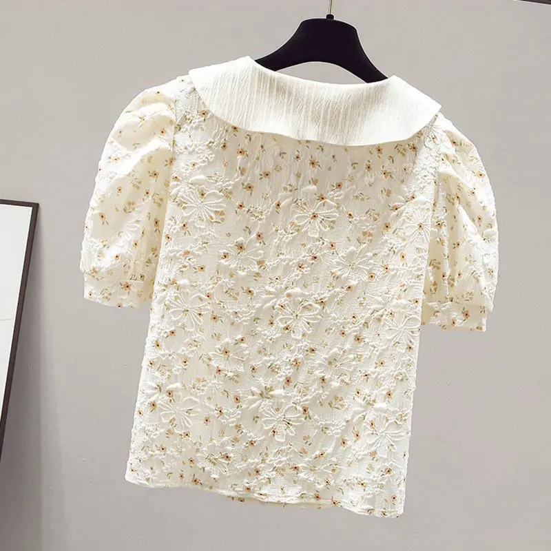 Beige Floral Printing Chiffon Peter Pan Collar Single Breasted Women\'s Blouse Shirt Elegant Female Clothing Tops 2024 Fashion