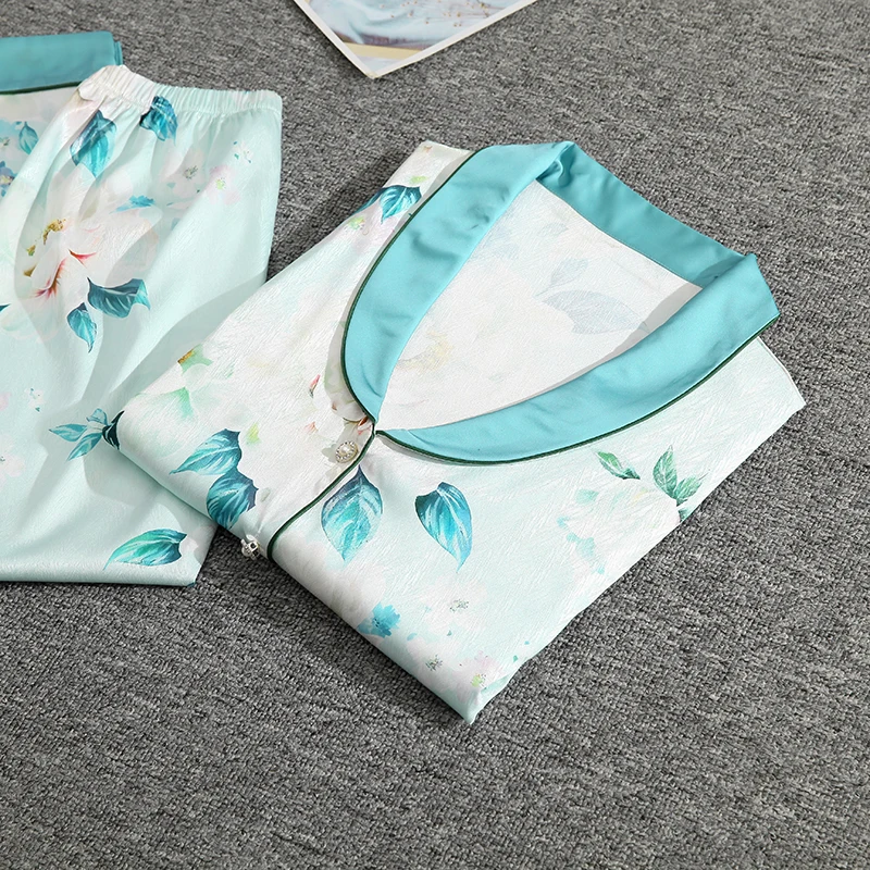 Summer ice and snow silk twill lapel cardigan short-sleeved trousers pajamas women's suit casual sweet printed home clothes