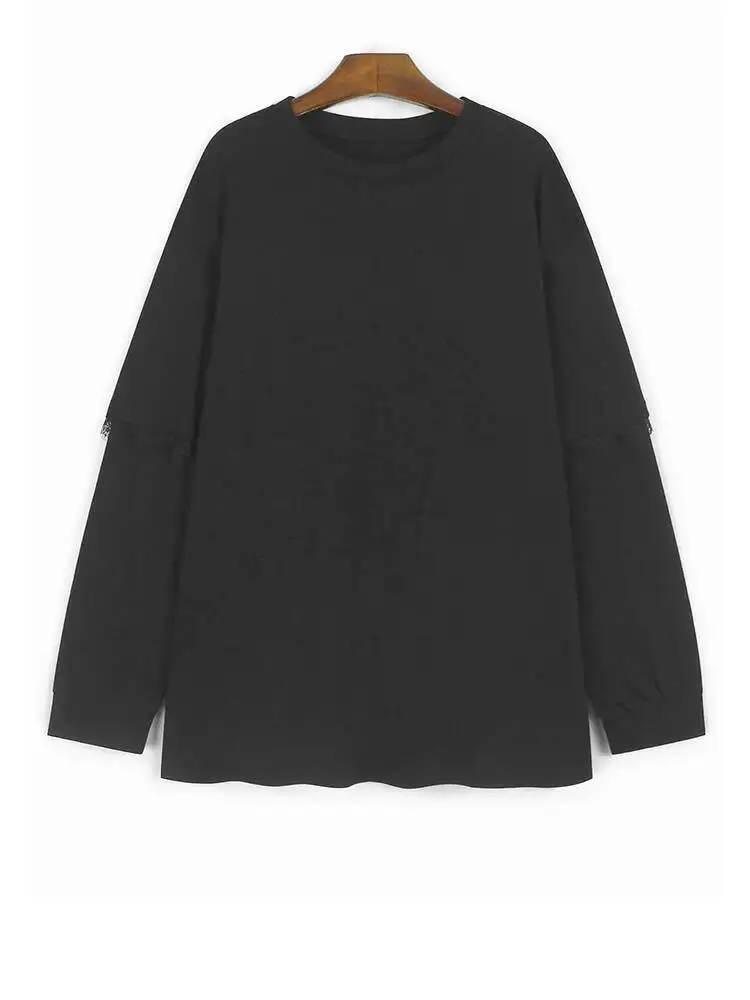 

Женская черная кружевная повседневная футболка большого размера, новая модная футболка с круглым вырезом и длинными рукавами, весна-осень