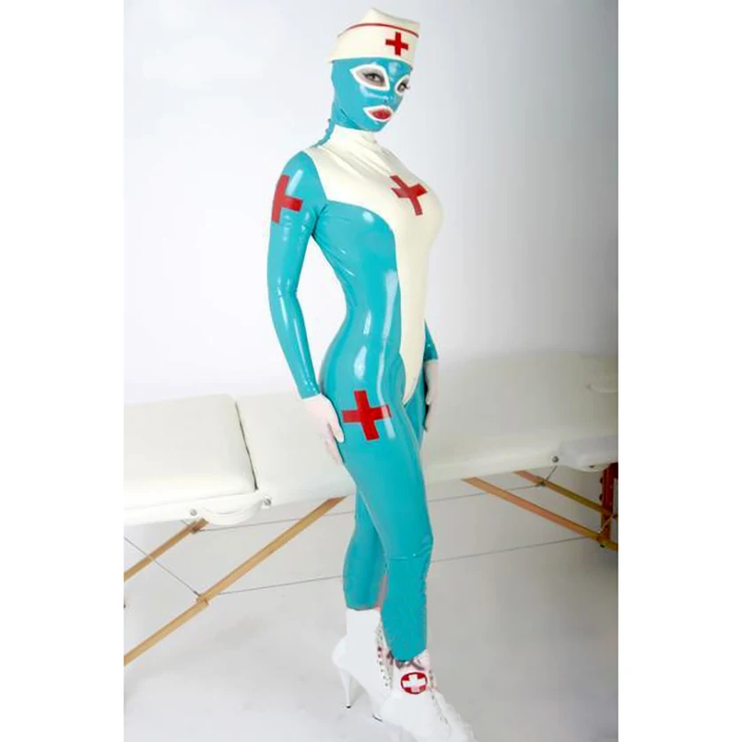 Natural Latex Rubber Nurse Cosplay Catsuit Uniform Bodysuit with Mask Cap Handmade S-LU018