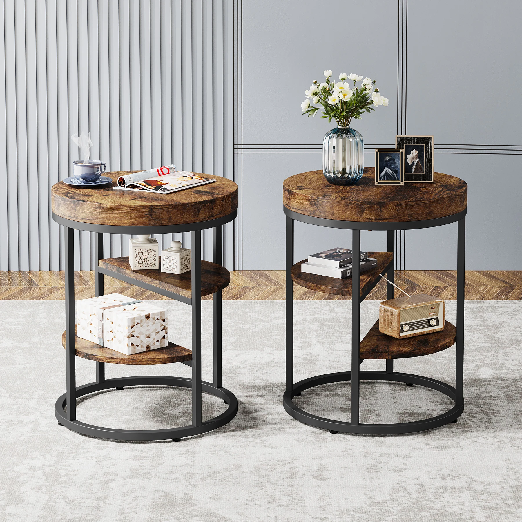 Tribesigns Round End Table, Small End Table with 3 Storage Shelves, Wood Side Table for Small Spaces, Industrial Sofa Table image 5