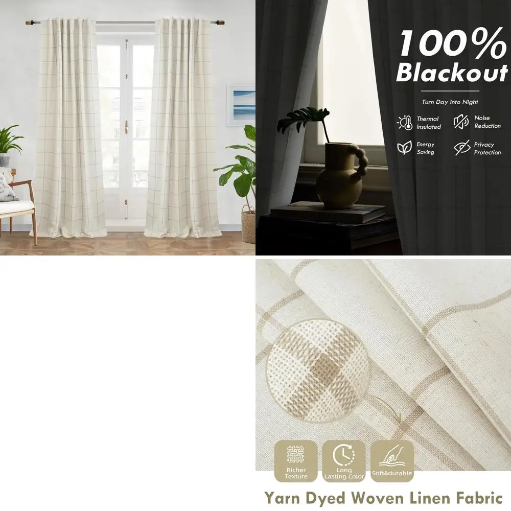 

Термоизолирующие льняные шторы, двухслойные, длиной 84 дюйма, в темно-серую клетку, для гостиной и спальни