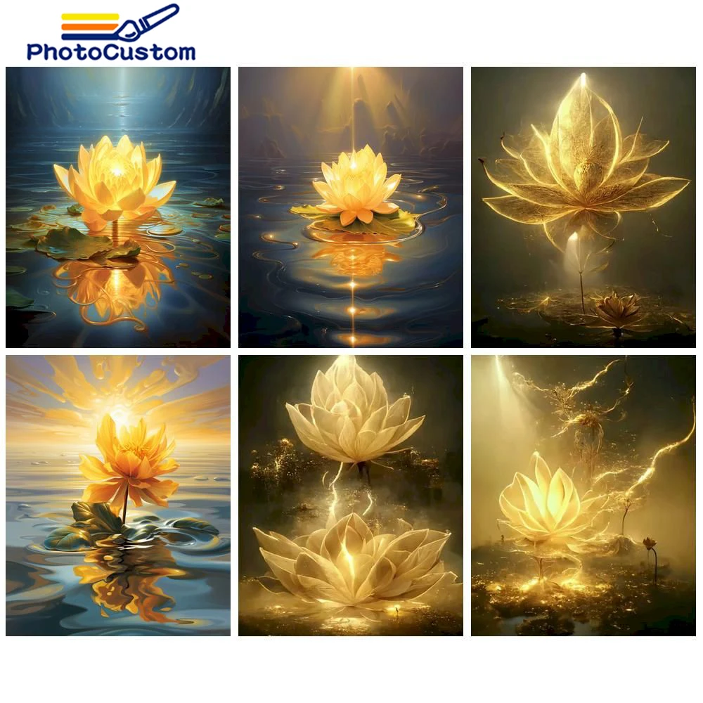 PhotoCustom Painting By Number Canvas Kits Handpainted Gift DIY Crafts Coloring By Numbers Golden Lotus Home Living Room Wall Ar