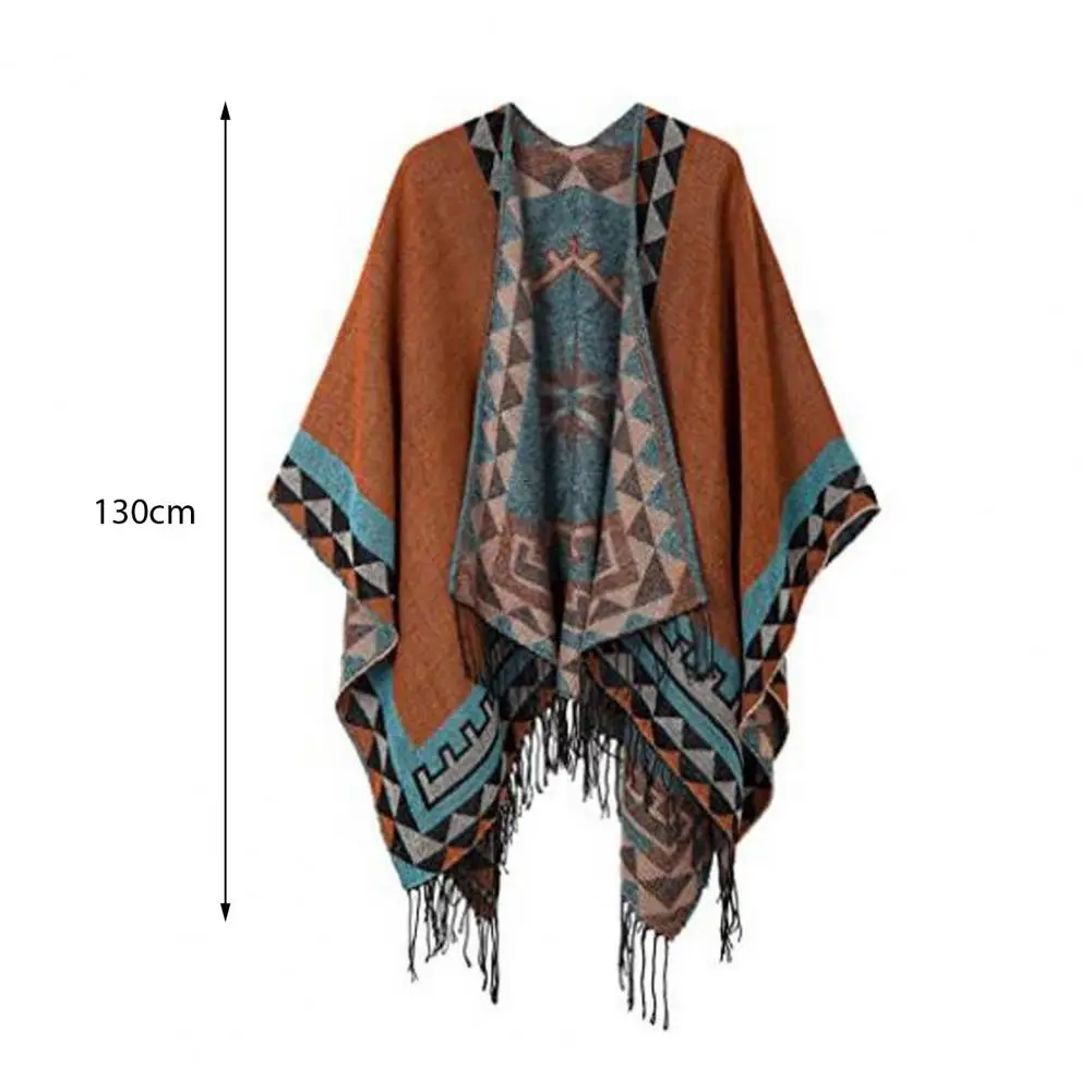 Women Shawl Vintage Print Tassel Irregular Hem Loose Imitation Cashmere Open Sticth Fall Winter Cape Poncho