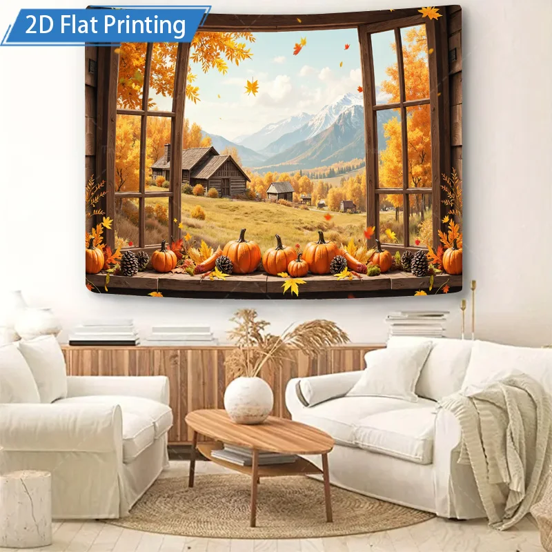 [2D شقة] 1 قطعة 4x16 بوصة علامة معدنية الخريف نافذة عرض اليقطين الحصاد مزرعة الجبل المشهد 2D شقة طباعة المعادن جدار الفن