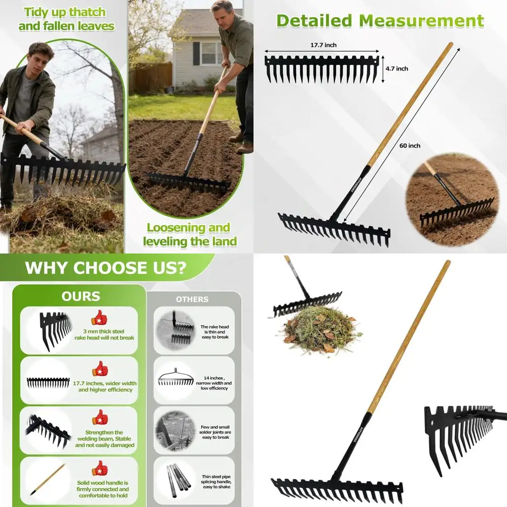 

60 Wooden Handle Metal Bow Rake - 17-Tine Heavy Duty Garden Tool for Soil Loosening, Gravel Leveling, Leaf Clearing, and Sod Rem