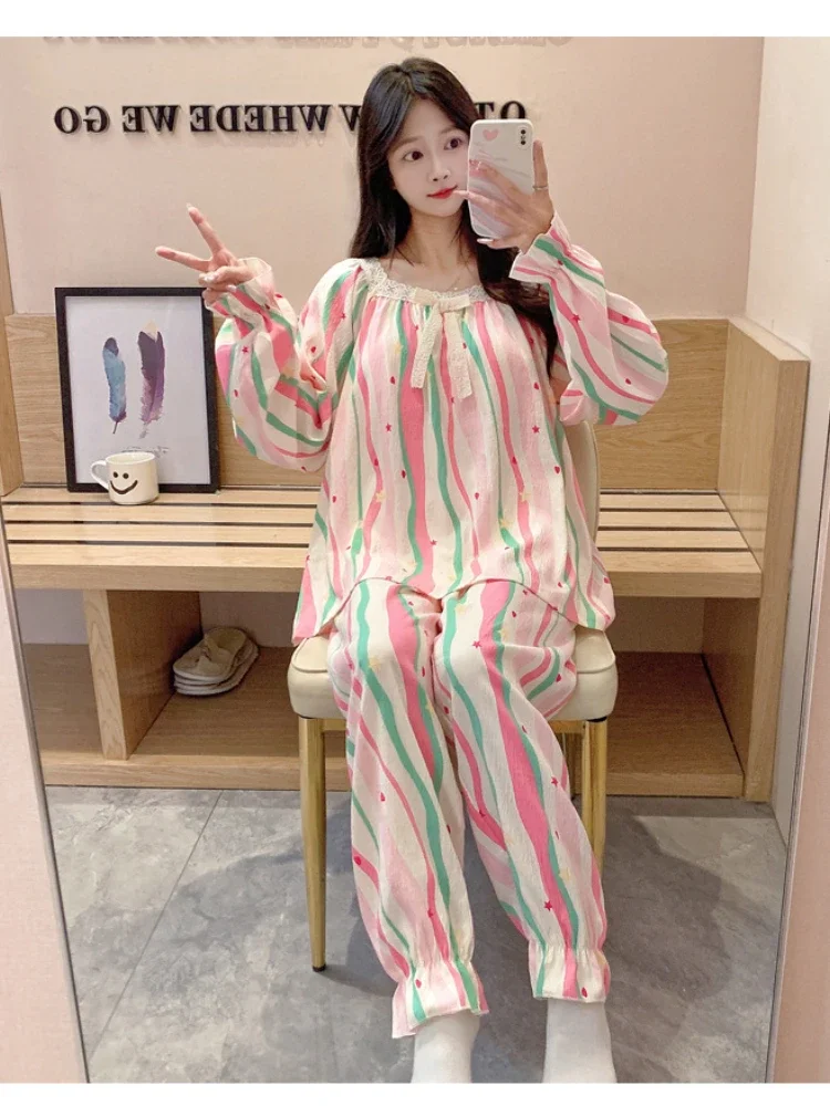بيجامات قطنية سحابية مع وسادات صدر للنساء ، طقم بنطلون حلو بأكمام طويلة ، ملابس منزلية للربيع والخريف ، مقاس كبير ، عرض عرض فضفاض ، جديد