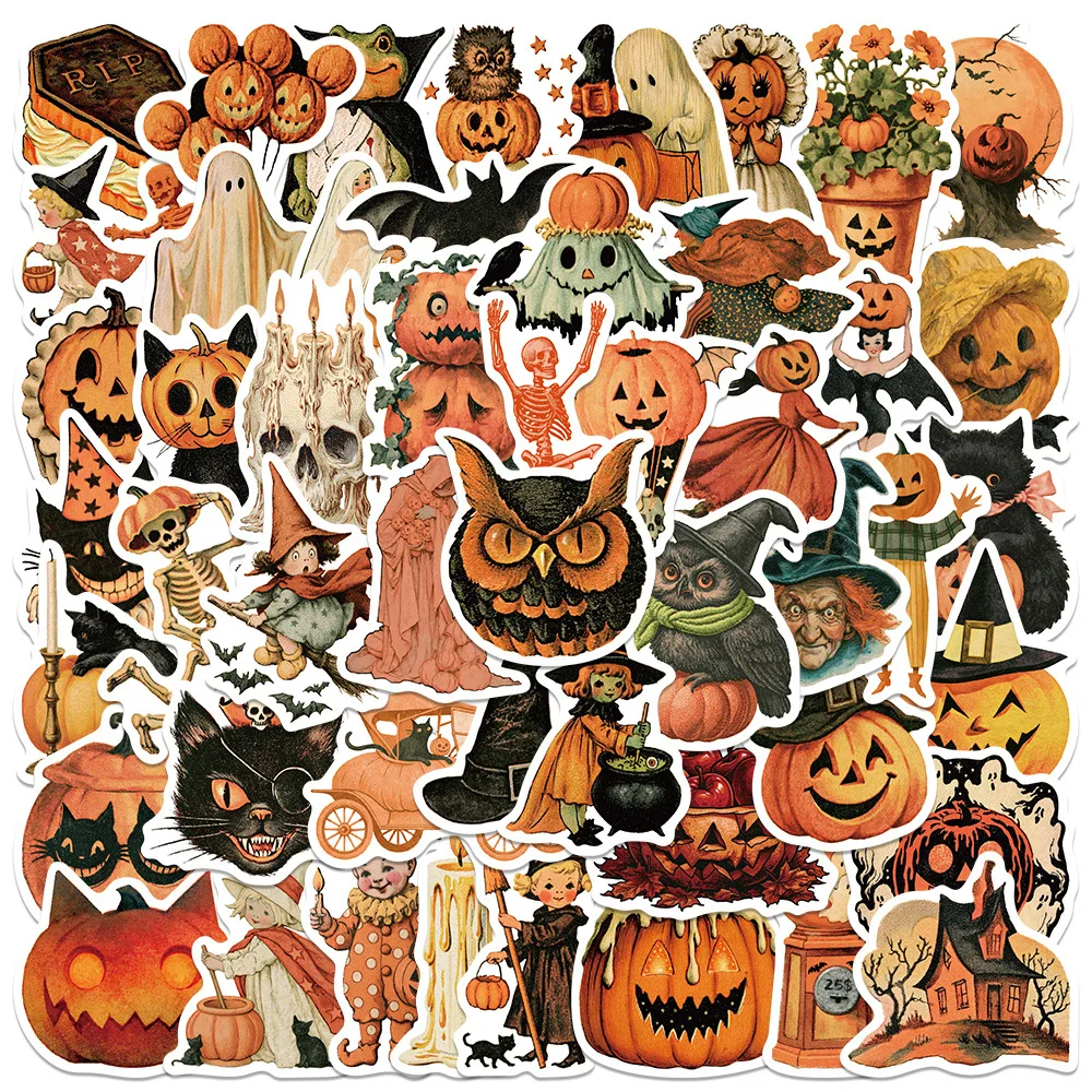50Pcs Classic Halloween Ghost Stickers Pumpkin Decor Decals For Phone Laptop Suitcase Notebook Waterproof Stickers